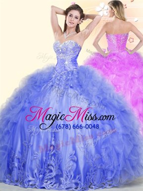 Pretty Blue Sleeveless Beading and Ruffles Floor Length 15th Birthday Dress
