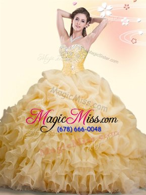 Gold Ball Gowns Beading and Ruffles and Pick Ups 15th Birthday Dress Lace Up Organza Sleeveless With Train