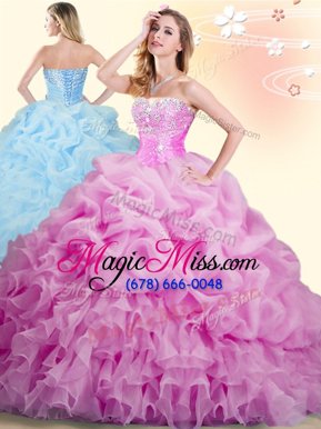 Luxury Lilac Organza Lace Up Quinceanera Dress Sleeveless With Brush Train Beading and Ruffles and Pick Ups