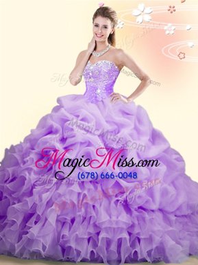 Lilac Quince Ball Gowns Military Ball and Sweet 16 and Quinceanera and For with Beading and Ruffles and Pick Ups Sweetheart Sleeveless Brush Train Lace Up