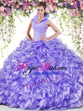 New Arrival Lavender Organza Backless High-neck Sleeveless Floor Length Ball Gown Prom Dress Beading and Ruffles