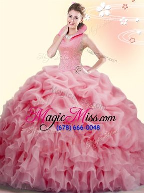 Artistic Watermelon Red High-neck Neckline Beading and Ruffles and Pick Ups Quinceanera Gown Sleeveless Backless