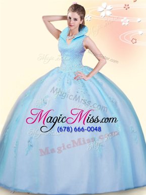 Exquisite Baby Blue Tulle Backless Sweet 16 Quinceanera Dress Sleeveless Floor Length Beading and Appliques