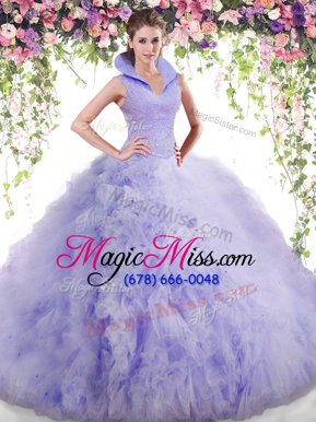 Colorful Lavender Ball Gowns Tulle High-neck Sleeveless Beading and Ruffles Floor Length Backless Quinceanera Gowns