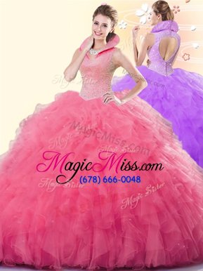 Luxury Ball Gowns Sweet 16 Quinceanera Dress Rose Pink High-neck Tulle Sleeveless Floor Length Backless