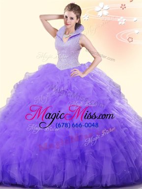 Designer Sleeveless Floor Length Beading and Ruffles Backless Sweet 16 Dress with Lavender