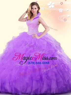 Backless Lavender Sleeveless Beading and Ruffles Floor Length Quinceanera Dresses