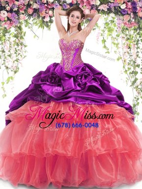 New Style Coral Red and Eggplant Purple Ball Gowns Organza and Taffeta Sweetheart Sleeveless Beading and Ruffled Layers and Pick Ups With Train Lace Up Quinceanera Dresses Brush Train