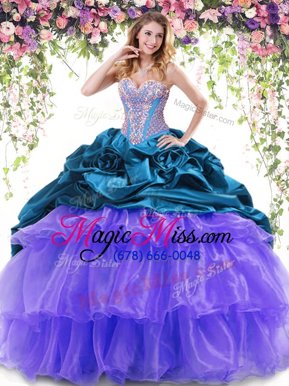 Delicate Pick Ups Ruffled With Train Teal and Lavender Sweet 16 Quinceanera Dress Sweetheart Sleeveless Brush Train Lace Up