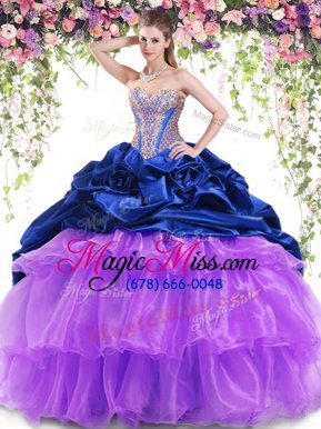 High Quality Royal Blue and Lavender Ball Gowns Sweetheart Sleeveless Organza and Taffeta With Brush Train Lace Up Beading and Ruffled Layers and Pick Ups Quinceanera Gowns