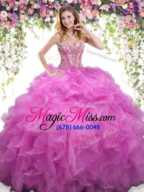 Low Price Sleeveless Floor Length Beading and Ruffles Lace Up Quinceanera Gown with Lilac