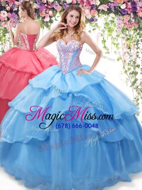 Fashionable Ruffled Sweetheart Sleeveless Lace Up Quince Ball Gowns Baby Blue Organza