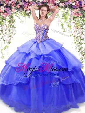 Shining Ruffled Sweetheart Sleeveless Lace Up Quinceanera Gowns Blue Organza