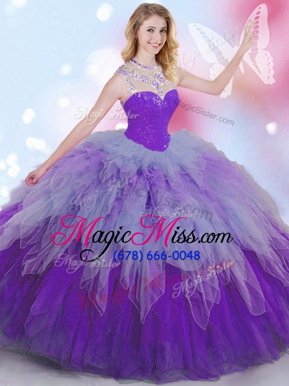 Suitable Multi-color High-neck Zipper Beading and Ruffles Quinceanera Gown Sleeveless