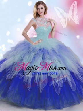 Fashionable High-neck Sleeveless Tulle Quinceanera Gowns Beading and Ruffles Zipper
