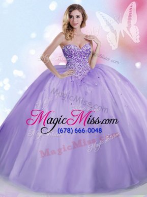 Traditional Lavender Lace Up Quince Ball Gowns Beading Sleeveless Floor Length