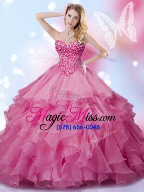 Discount Rose Pink Sleeveless Floor Length Beading Lace Up Quinceanera Dresses