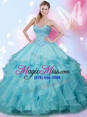 Cute Sleeveless Organza Floor Length Lace Up Quinceanera Dress in Blue for with Beading and Ruffles