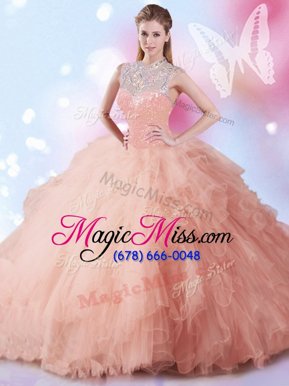 Stunning Floor Length Peach Quinceanera Dress Tulle Sleeveless Beading and Ruffles and Sequins