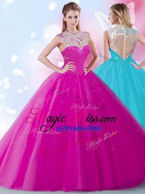 Attractive Scoop Fuchsia Zipper 15th Birthday Dress Beading and Sequins Sleeveless Floor Length