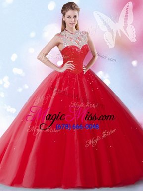 Nice Red Sleeveless Floor Length Beading and Sequins Zipper Quinceanera Dress