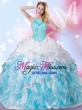 Romantic Halter Top Sleeveless Lace Up Floor Length Beading and Ruffles and Pick Ups Quinceanera Gown