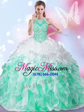 Halter Top Pick Ups White and Green Sleeveless Organza Lace Up 15 Quinceanera Dress for Military Ball and Sweet 16 and Quinceanera