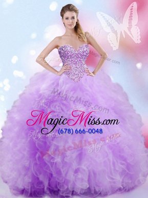 Attractive Lavender Tulle Lace Up Quinceanera Gown Sleeveless Floor Length Beading and Ruffles