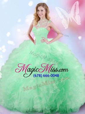 Custom Fit High-neck Sleeveless Sweet 16 Dress Floor Length Beading and Ruffles and Sequins Tulle
