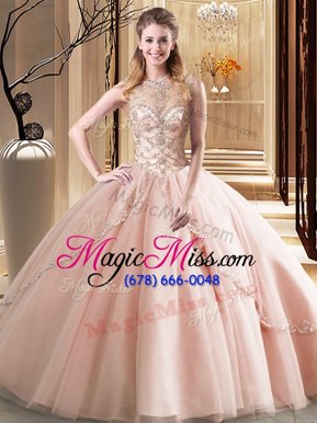 Stunning Peach Ball Gowns Scoop Sleeveless Tulle Brush Train Lace Up Beading Quinceanera Gowns