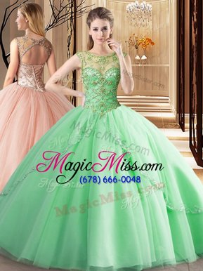 Beauteous Tulle Scoop Sleeveless Brush Train Lace Up Beading Quince Ball Gowns in