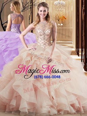 Top Selling Scoop Lace Up Quinceanera Gown Peach and In for Military Ball and Sweet 16 and Quinceanera with Beading and Ruffles Brush Train