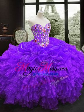 Great Sweetheart Sleeveless Lace Up Quinceanera Dresses Purple Organza