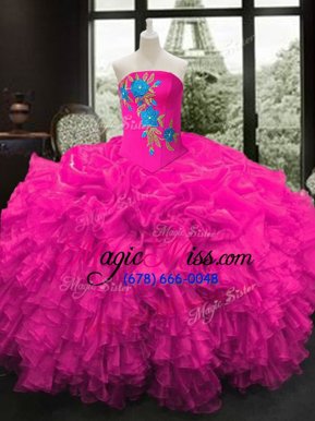 Charming Fuchsia Sleeveless Embroidery and Ruffles Floor Length 15 Quinceanera Dress