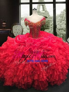 Noble Red Lace Up Sweetheart Beading and Ruffles Quince Ball Gowns Organza Cap Sleeves