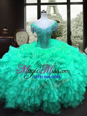 Chic Cap Sleeves Floor Length Lace Up Vestidos de Quinceanera Turquoise and In for Military Ball and Sweet 16 and Quinceanera with Beading and Ruffles