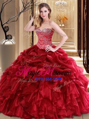 Red Lace Up Sweetheart Beading and Pick Ups Ball Gown Prom Dress Organza Sleeveless
