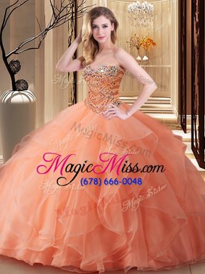 Simple Peach Ball Gowns Beading Quinceanera Gown Lace Up Tulle Sleeveless Floor Length