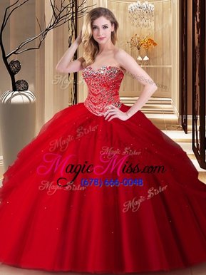 Floor Length Red 15th Birthday Dress Tulle Sleeveless Beading