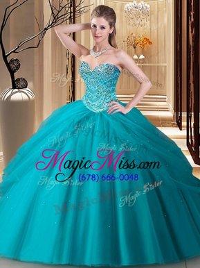 Top Selling Beading Quinceanera Dress Teal Lace Up Sleeveless Floor Length