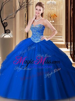 Nice Royal Blue Tulle Lace Up Quinceanera Dress Sleeveless Floor Length Beading