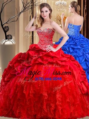 Latest Red Ball Gowns Beading and Ruffles Quince Ball Gowns Lace Up Taffeta and Tulle Sleeveless