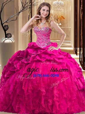 Glittering Hot Pink Ball Gowns Beading and Ruffles Vestidos de Quinceanera Lace Up Taffeta and Tulle Sleeveless