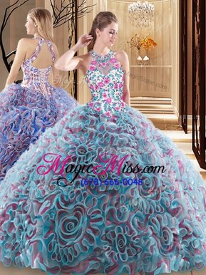 Trendy Multi-color Sleeveless Fabric With Rolling Flowers Sweep Train Criss Cross 15th Birthday Dress for Military Ball and Sweet 16 and Quinceanera