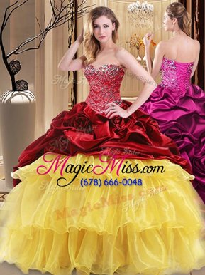 Popular Red and Yellow Sweetheart Lace Up Beading and Ruffles Sweet 16 Quinceanera Dress Sleeveless