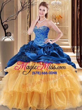 Pretty Navy Blue and Gold Lace Up Quinceanera Gown Beading and Ruffles Sleeveless Floor Length