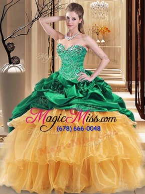 Chic Ball Gowns Quinceanera Dress Green and Gold Sweetheart Organza and Taffeta Sleeveless Floor Length Lace Up