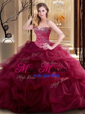 Amazing Burgundy Sleeveless Floor Length Beading and Ruffles Lace Up Sweet 16 Quinceanera Dress