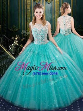 Colorful High-neck Sleeveless Ball Gown Prom Dress Floor Length Lace Aqua Blue Tulle