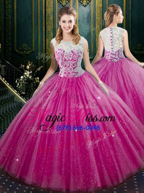 Customized High-neck Sleeveless Quinceanera Gowns Floor Length Lace Fuchsia Tulle